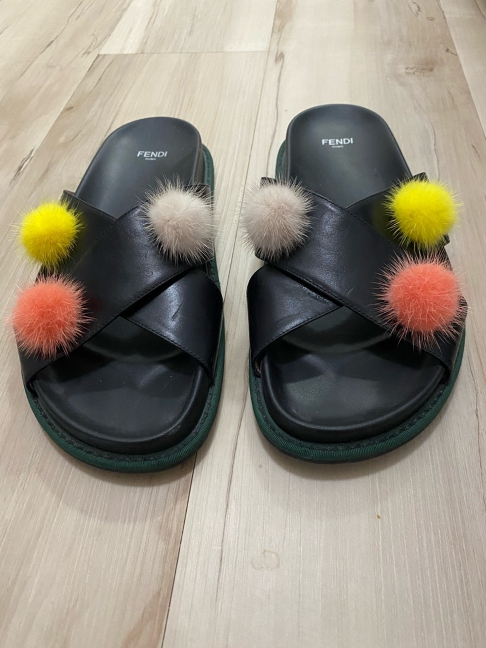 Fendi Black Leather Pom-Pom Slide Sandals with Yellow, Coral & Beige Accents